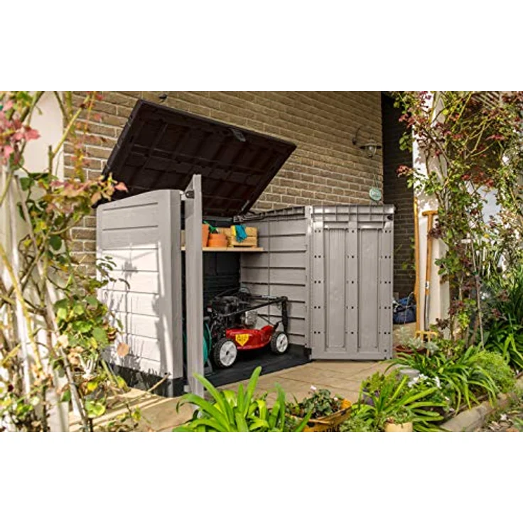 Keter Store it Out Pro Mülltonnenbox mit Gasdruckfeder, wetterfest, abschließbar, beige, 1.200 L, 145,5 x 82 x 123cm, passend für 2x240l Abfalltonnen – Bild 4