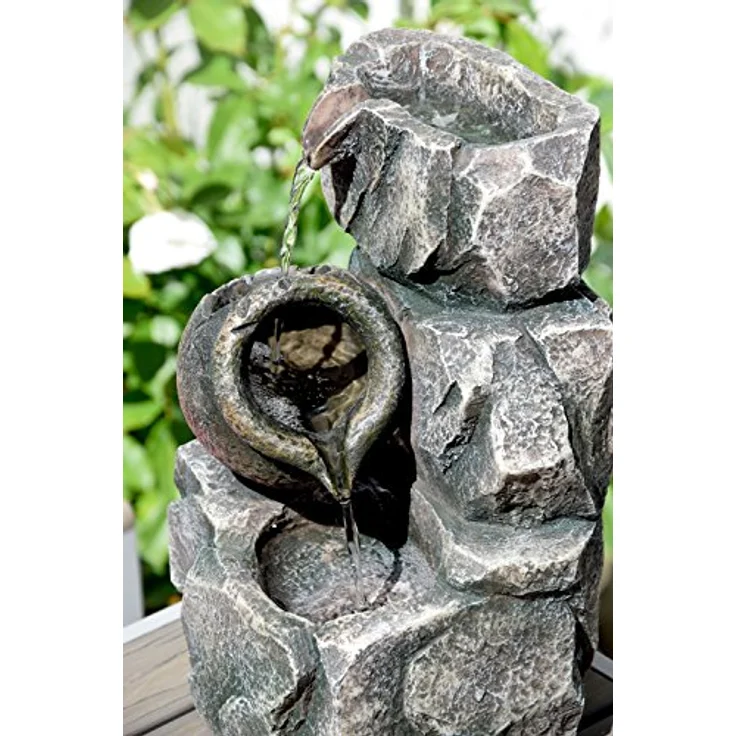 dobar® Design Zimmerbunnen 96400e - Tischbrunnen dreistufig in Steinoptik - Kleiner Springbrunnen - Dekoratives Wasserspiel für Wohnzimmer/Büro/Indoor - Zierbrunnen - 17,2 x 16,2 x 27 cm - Grau – Bild 2