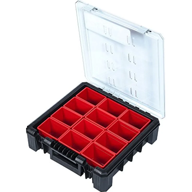 ADB Sortimentskasten Kleinteilemagazin HD 400, Sortierkasten Organizer in Schwarz mit roten Kunststoffboxen, 389x400x110 mm – Bild 1