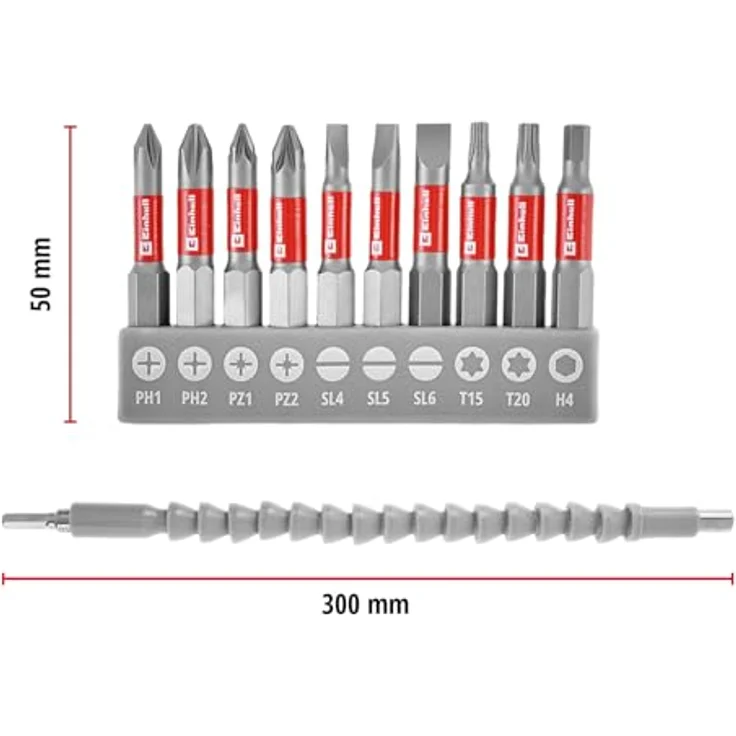 Einhell 133115 Bit-Set 11teilig, Schlitz, PH, PZ, T-Profil, Innen-Sechskant, Sechskant mit 300 mm Biegsamer Welle und Bithalter – Bild 7