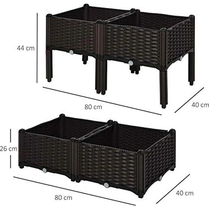 Outsunny Hochbeet, Pflanzkasten mit Abflusslöchern, Blumenkasten im Rattan-Look, PP, Braun, 40 x 40 x 44 cm – Bild 3