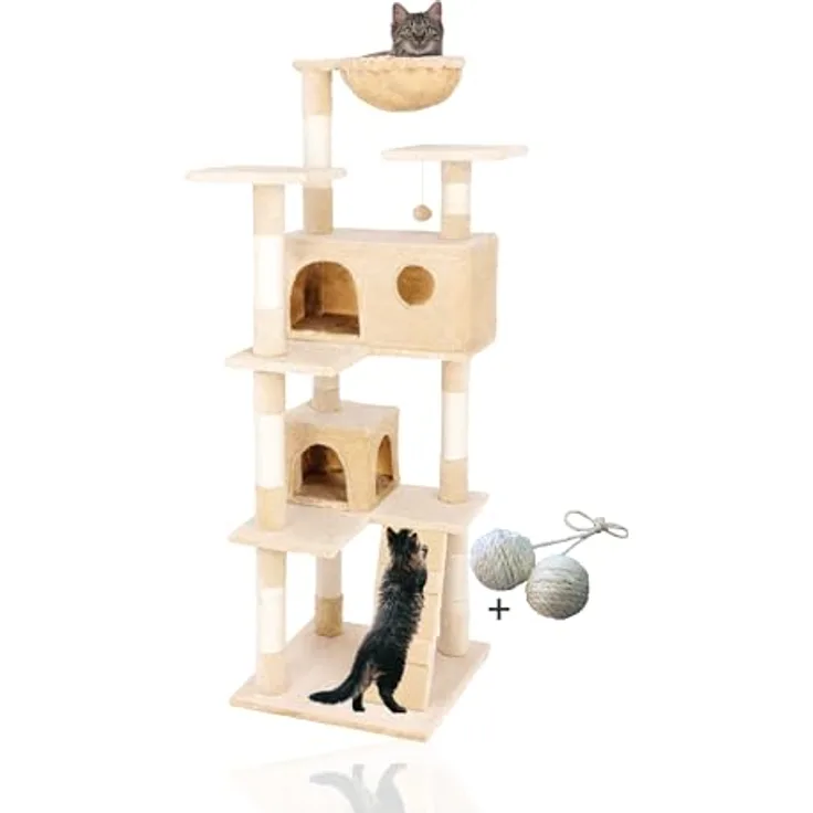 Rohrschneider Kratzbaum Marley | Katzenbaum mit Katzenhöhlen und Katzenkuschelnest| Sisal und Plüsch | 50 x 50 x 150 cm (Beige)
