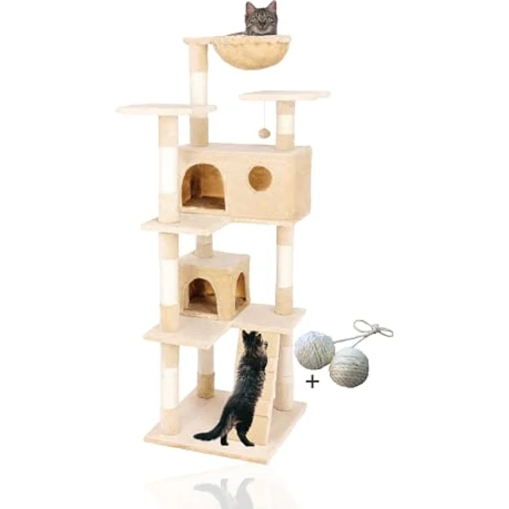 Rohrschneider Kratzbaum Marley | Katzenbaum mit Katzenhöhlen und Katzenkuschelnest| Sisal und Plüsch | 50 x 50 x 150 cm (Beige) – Bild 1