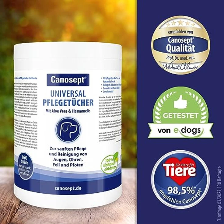 Canosept Universal Pflegetücher für Hunde 160 Stück -Ohrenreiniger Hund, Pfotenpflege Hund, Augenpflege Hund, Fellpflege Hund - Hunde Pflege mit Aloe Vera & Hamamelis - Feuchttücher Hund – Bild 2