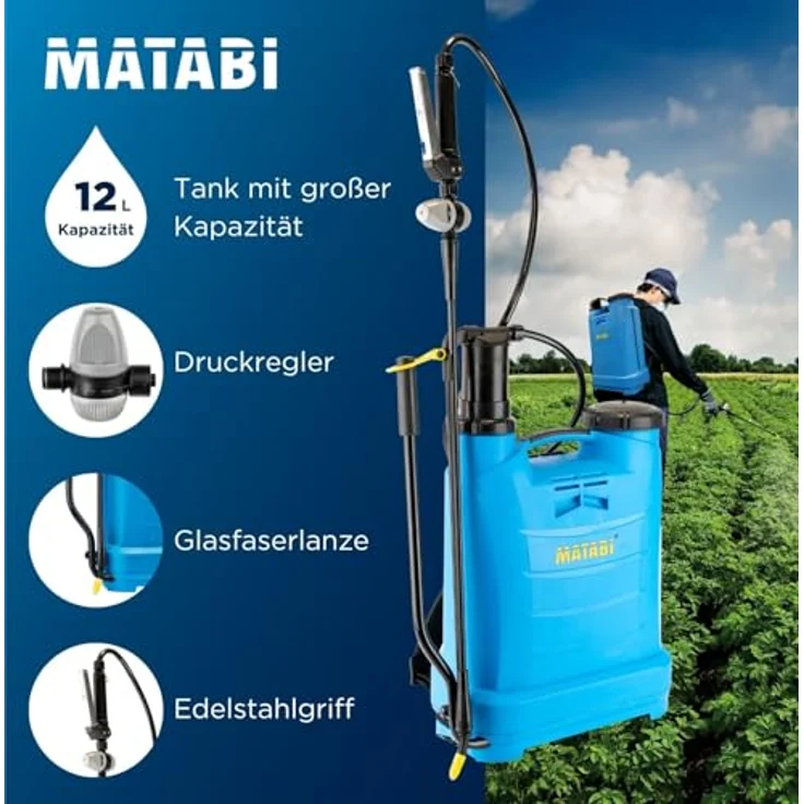 Matabi Evolution 12, Manueller Sprüher mit 12L Edelstahltank, vielseitigen Düsen und ergonomischem Design, Blau – Bild 2