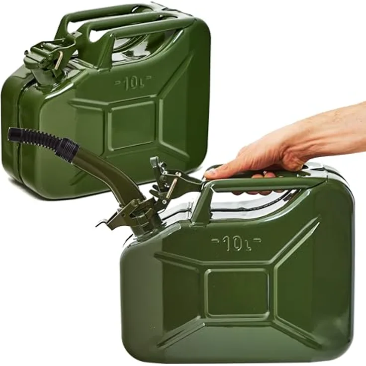 BW® Kraftstoffkanister Metall 2x 10 Liter, Benzinkanister mit Ausgießer in Olivgrün - RAL 6003, TÜV-geprüft, UN-zugelassen, Made in Europe