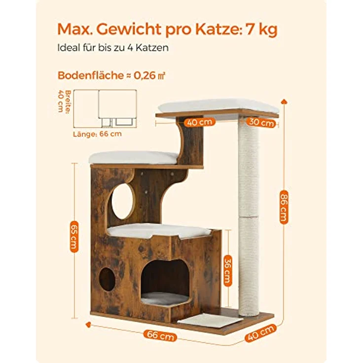 Feandrea Kratzbaum, 86 cm hoher Katzenbaum, Spanplatten-Katzenkratzbaum, mit Höhle, Liegeflächen, Säule und Sisal-Kratzmatte, waschbare Plüschkissen, vintagebraun-weiß PCT70HW – Bild 5