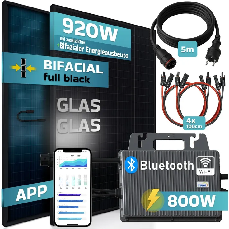 SUNNIVA® Balkonkraftwerk FULL BLACK BIFACIAL 920W/800W Solaranlage mit 800W GROWATT Micro Wechselrichter Wifi Bluetooth, upgradebar drosselbar, 2x460W Bifaziale All Black Solarmodule, 5m Kabel, PV