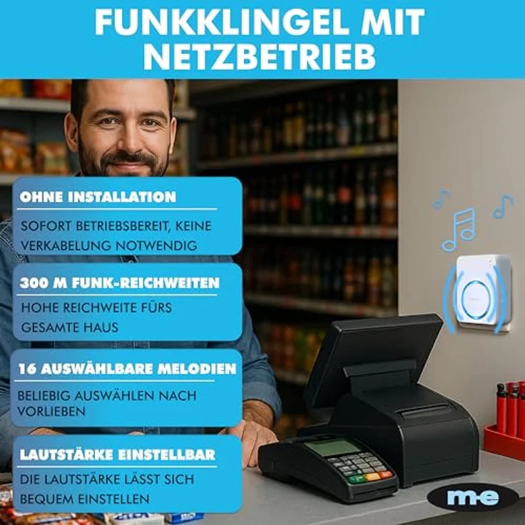 m-e Funk-Bewegungsmelder Set BELL-8120, Kabelloser Durchgangsmelder mit 300 Meter Reichweite, Klingelton/Alarm, Set mit Netzstromempfänger, ideal für Ladentüren und Eingänge – Bild 4