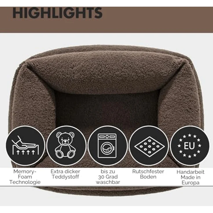 PAW WOW Sven Orthopädisches Hundebett, Teddy-Stoff, waschbar, braun, 80x60cm für kleine, mittelgroße und große Hunde – Bild 5