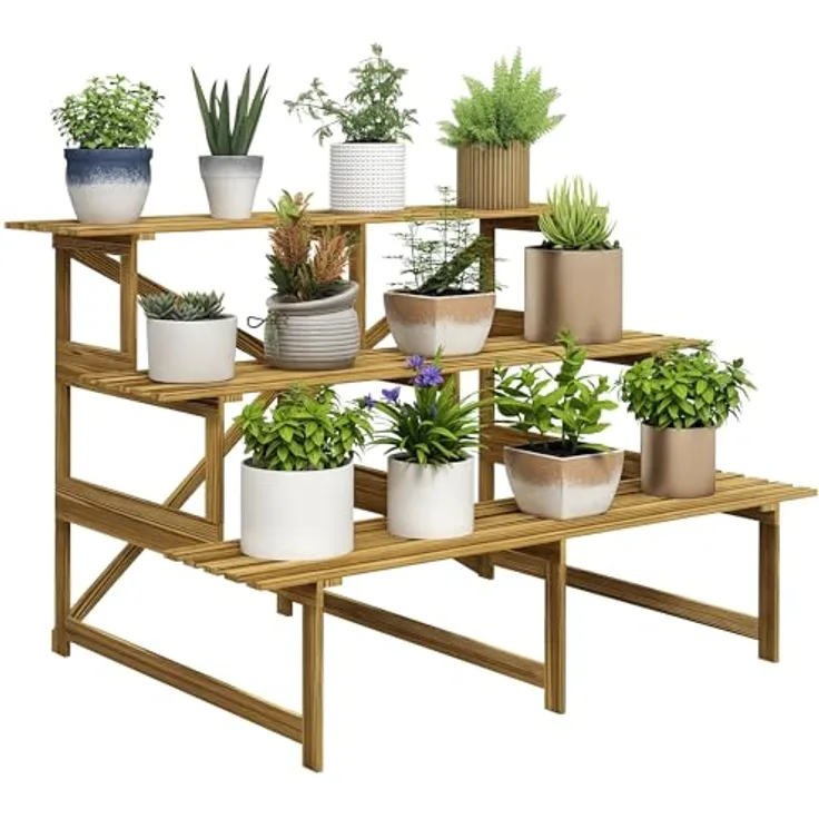 Outsunny 3-Etagen Pflanzenständer, klappbarer Blumenständer aus Holz, 78 cm hoch, naturfarben, für Innen und Außen, max. Tragfähigkeit 90 kg