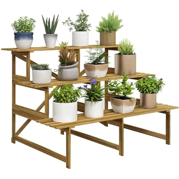 Outsunny 3-Etagen Pflanzenständer, klappbarer Blumenständer aus Holz, 78 cm hoch, naturfarben, für Innen und Außen, max. Tragfähigkeit 90 kg – Bild 1