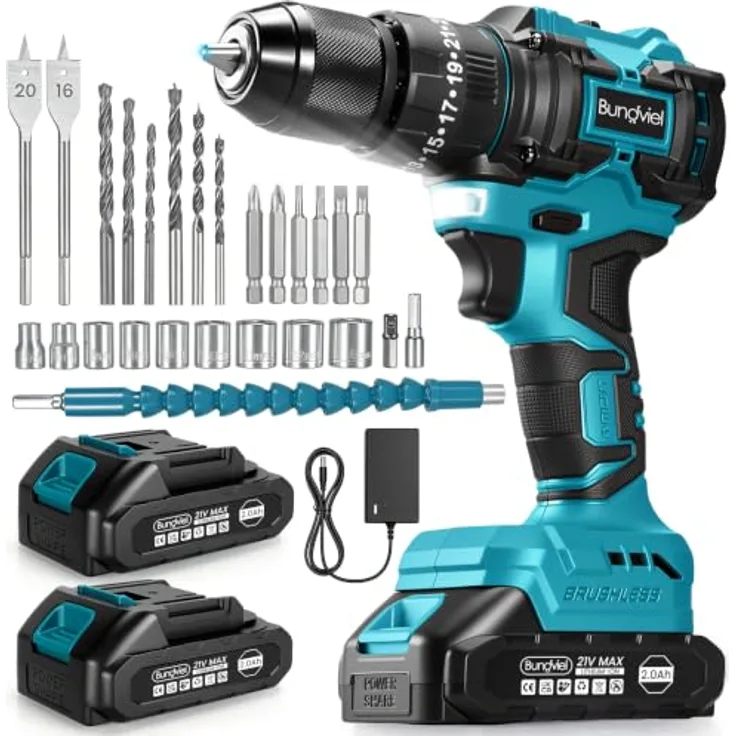 Bundviel Akku-Schlagbohrschrauber Set, 21V bürstenloser Motor mit 65 Nm, 2x 2000mAh Akkus, 25+3 Drehmomentstufen, 10-mm Schnellspannbohrfutter, 29-teiliges Zubehör