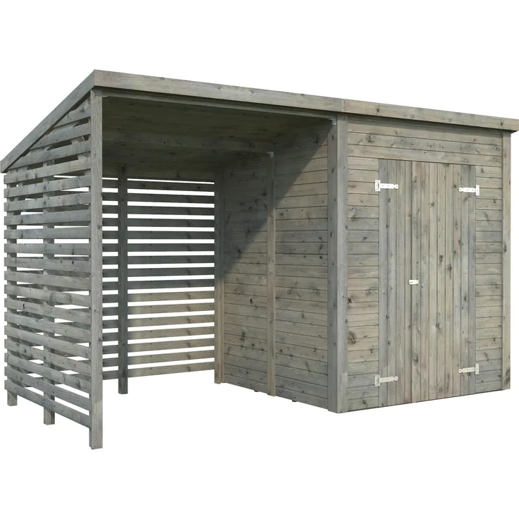 Palmako Gerätehaus Leif 3,0 m² + 2,9 m² Anbau, 16 mm grau tauchgrundiert, inklusive Fußboden, einfache Montage
