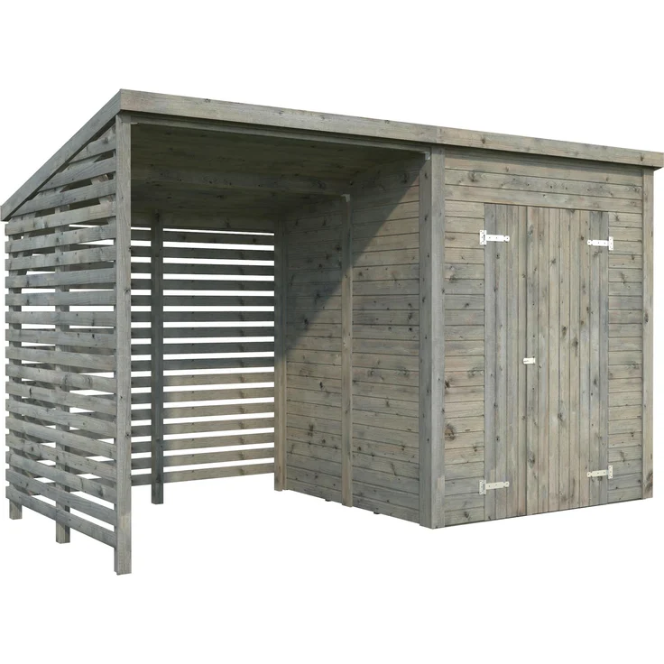 Palmako Gerätehaus Leif 3,0 m² + 2,9 m² Anbau, 16 mm grau tauchgrundiert, inklusive Fußboden, einfache Montage