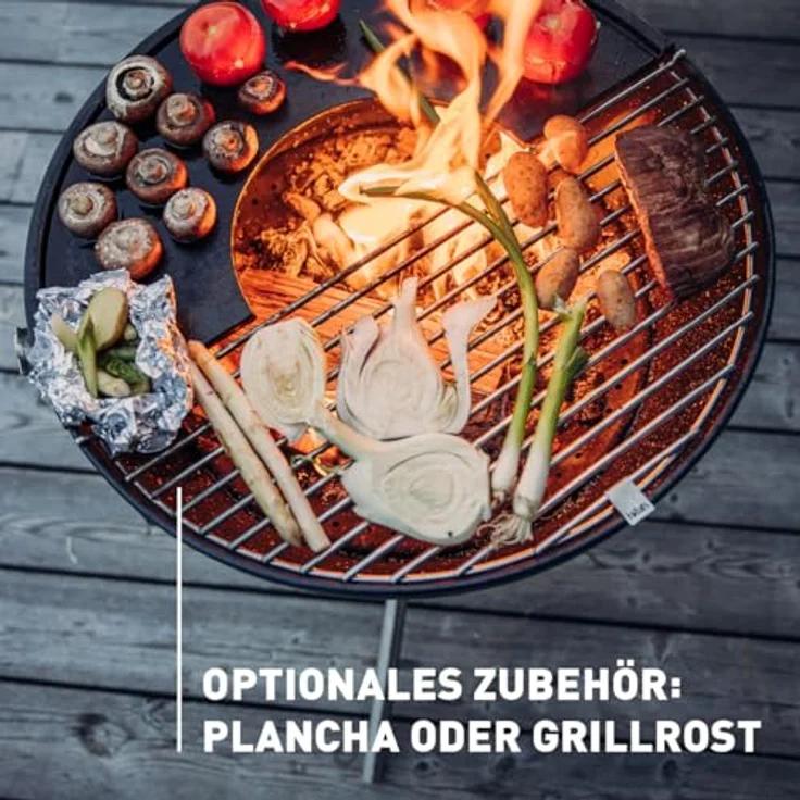 höfats - Bowl 57 Feuerschale mit Edelstahl Dreibein - raucharme Verbrennung - Feuerstelle mit Plancha Grillplatte und Grillrost nutzbar - kippbarer Feuerkorb Stahl emailliert, schwarz, Ø 57 cm – Bild 4