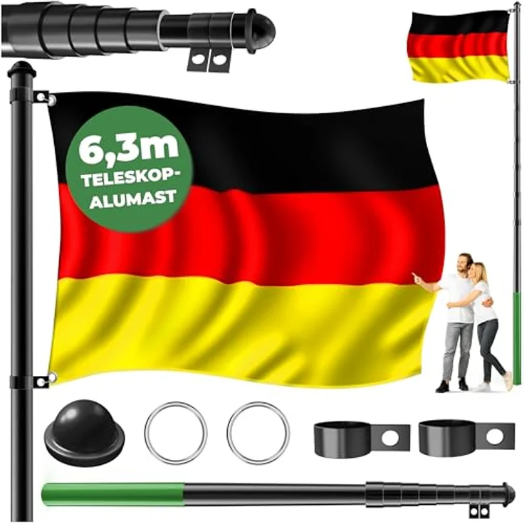 KESSER Teleskop Fahnenmast Aluminium 6,30m Bodenhülse 60cm inkl Deutschlandfahne Höhenverstellbar Flaggenmast Mast Deutschland Flagge Alu Schwarz – Bild 2