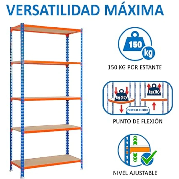 Simonrack Maderclick Mini Metallregal, 180 x 80 x 40 cm, 5 Böden, Traglast 150 kg/Boden, blau/orange, steckbar – Bild 4