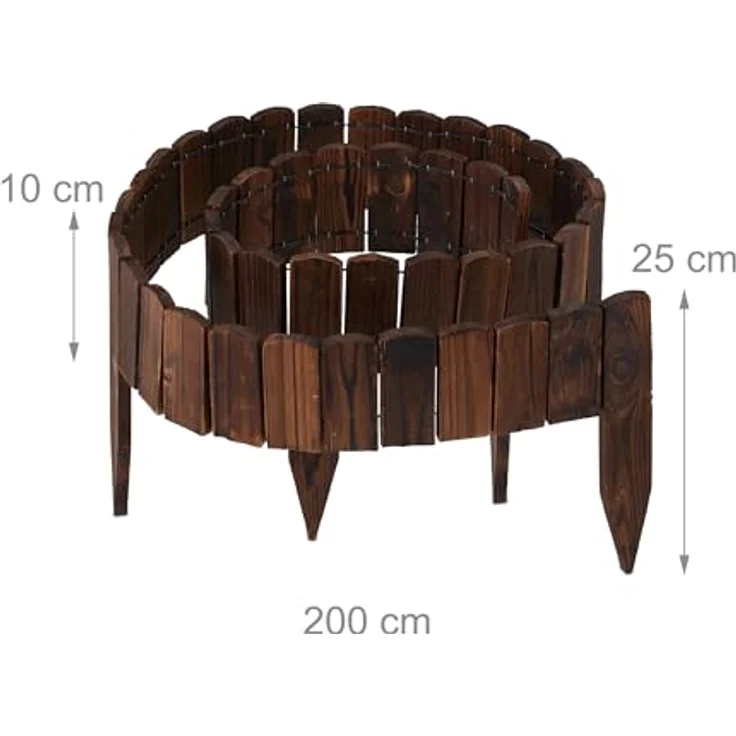 Relaxdays Beeteinfassung, 200 cm flexibler Beetzaun aus Tannenholz, Sichthöhe 10 cm, Dunkelbraun, zum Stecken mit Erdspießen – Bild 4