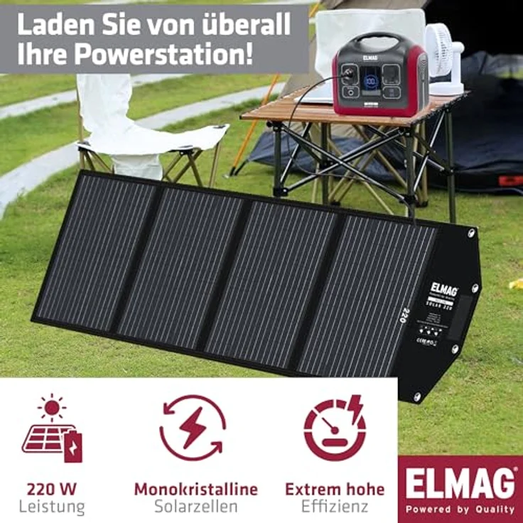 Elmag Faltbares Solarpanel SOLAR 220 - monokristallin, 220Wp, kompakt und transportabel mit integrierten Stützfüßen und Befestigungsösen – Bild 2