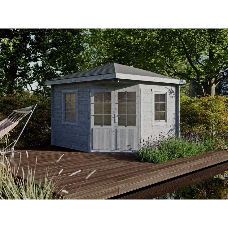 Fjordholz Gartenhaus Evelyn 3A, 5-Eck Modell mit 28mm Wandbohlen aus nordischer Fichte, Doppeltür und Echtglasfenstern
