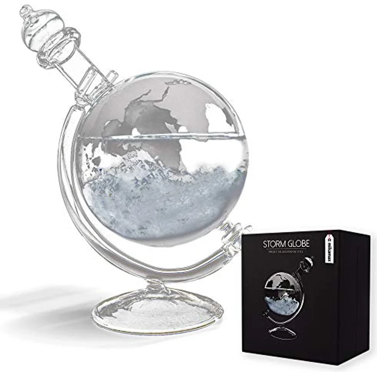 Mikamax Große Sturmkugel aus Glas, wetterabhängige Bürodekoration mit Holzplateau, 19 cm x 15 cm x 10 cm, nordischer Stil – Bild 1