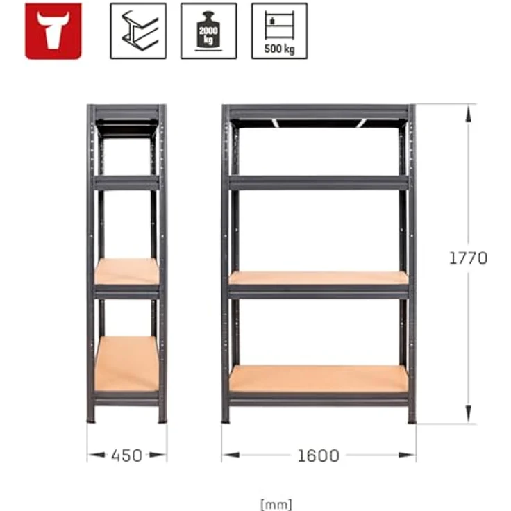 STIER Schwerlast-Fachbodenregal, maximiale Fachlast 600kg, HxBxT 1770x1600x450 mm, Lagerregal, Werkstattregal, Werkzeugregal, Kellerregal, Steckregal, stabiles Stahlgestell, einfach zu montieren – Bild 2