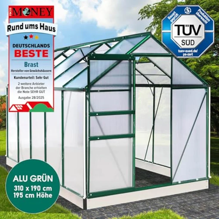 BRAST Gewächshaus Aluminium mit Fundament, 310x190x195cm, grün, TÜV geprüft, 6mm Hohlkammerplatten, rostfrei, wetterfest, temperaturbeständig – Bild 2