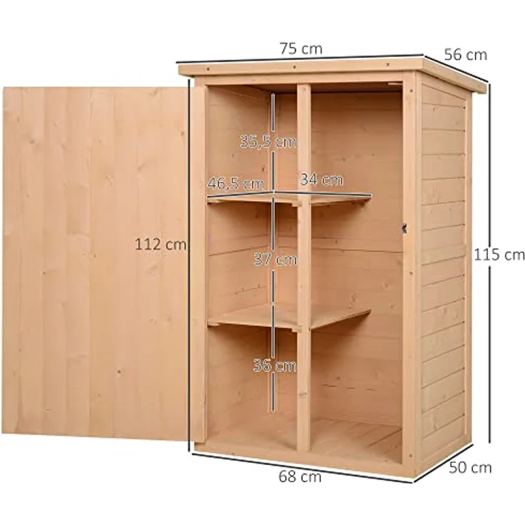 Outsunny Gartenhaus Gerätehaus Geräteschuppen mit Regalböden Geräteschuppen Lagerschuppen für Garten Tanne Naturholz 75 x 56 x115 cm – Bild 3