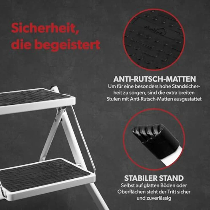 siwitec Mini-Klapptritt aus Stahl mit 2 Stufen Weiß | Kleine Trittleiter mit Anti-Rutsch-Matten | TÜV/GS Zertifiziert | 150 kg Traglast | Klappleiter – Bild 4