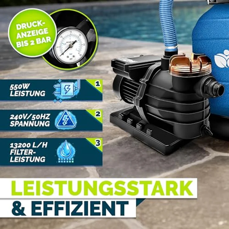 tillvex Sandfilteranlage 13.200L/h, selbstansaugend mit 1200g Filterbällen, 7-Wege Ventil & 2in1 Adapter Ø32-38mm für Pools bis 40.000L – Bild 4