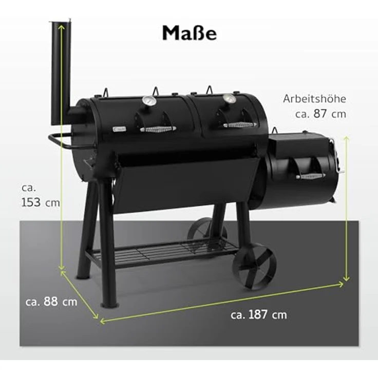 Tepro Indianapolis Massiv Smoker Holzkohlegrill Garten Terrasse BBQ Luftzufuhr regelbar schwarz, 153 x 184 x 88 cm, Grillfläche 97,5 x 44 cm – Bild 3