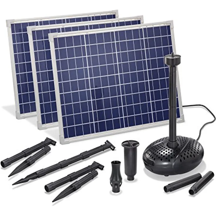 Esotec Teichpumpe Wasserspiel Solar-Springbrunnen Kit 150/5000 PRO | Komplett-SET Sprinklerpumpe 3x Solarmodul Solarbrunnen für Gartenteich Springbrunnenpumpe | Direktbetrieb 2,6m 5000l/h, IP68, schwarz 101919