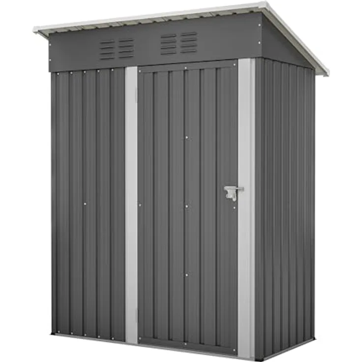 Thanaddo Geräteschuppen Gerätehaus 152 x 84 x 182 cm, 1,5m³ Stauraum, Metall Gartenschuppen mit Pultdach Belüftungslöcher, wetterfest Lagerschuppen im Freien für Outdoor (Grau)