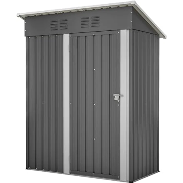 Thanaddo Geräteschuppen Gerätehaus 152 x 84 x 182 cm, 1,5m³ Stauraum, Metall Gartenschuppen mit Pultdach Belüftungslöcher, wetterfest Lagerschuppen im Freien für Outdoor (Grau) – Bild 1
