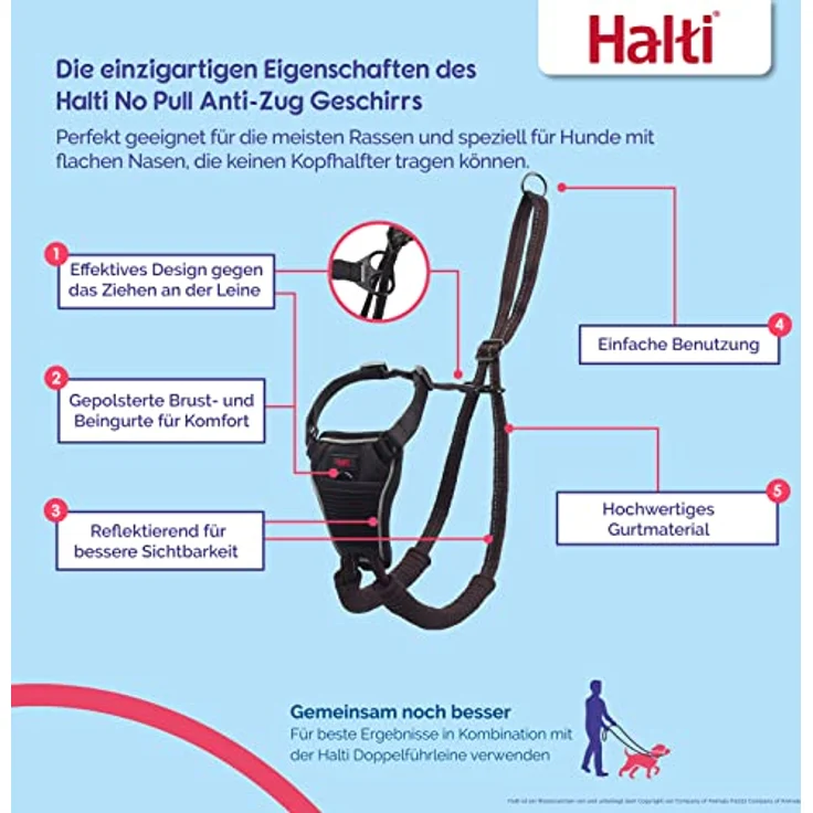 HALTI No Pull Anti-Zug Geschirr, Größe Mittel - Verhindert, dass Ihr Hund an der Leine zieht, Gepolsterter Brust- und Beingurt, Reflektierendes Gurtmaterial, Einfache Anpassung und Benutzung – Bild 2