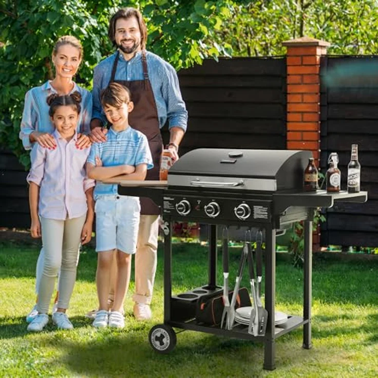 Royal Gourmet 3 Brenner Gasgrill Grillwagen, Standgrill mit Edelstahl Brenner 9 kW, Schwarz – Bild 2
