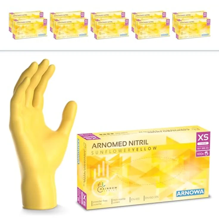ARNOMED Nitril Einweghandschuhe Gelb, 1000 Stk (10x100), puderfrei, latexfrei, hautfreundlich, für Hygiene & Medizin, Größen XS, S, M, L, XL – Bild 1