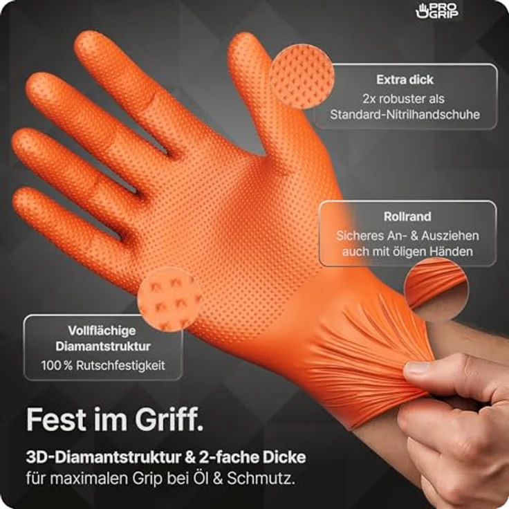 ARNOMED PROGRIP Einweghandschuhe Diamant Grip, Orange, extra starke Nitrilhandschuhe Gr. XL, 2x dicker, chemikalienbeständig, rutschfeste Texturierung, 50 Stk/Box – Bild 2