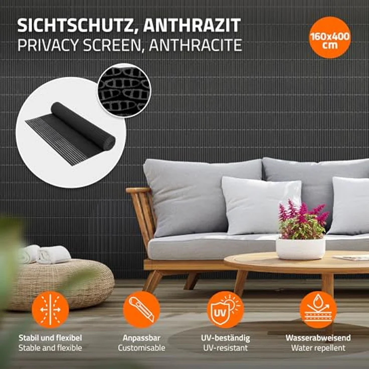 ECD Germany PVC Sichtschutzmatte 160x400 cm, Anthrazit, UV-beständig, wasserdicht, Windschutz mit 3-Gewicht-Verstärkung für Garten und Balkon – Bild 2