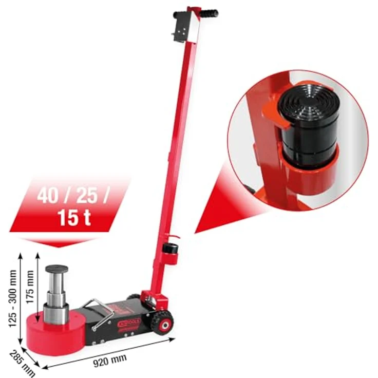 KS Tools Lufthydraulischer Wagenheber, 40/25/15 t, robuste Stahlkonstruktion, klappbarer Griff, Überlastschutz, öl- und säurefeste Lenkrollen – Bild 2