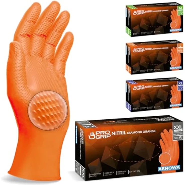 ARNOWA PROGRIP Einweghandschuhe Diamant Grip, Orange, Extra Stark, Nitrilhandschuhe Gr. XXL, 2x dicker, reißfest, chemikalienbeständig, 50 Stk/Box – Bild 1