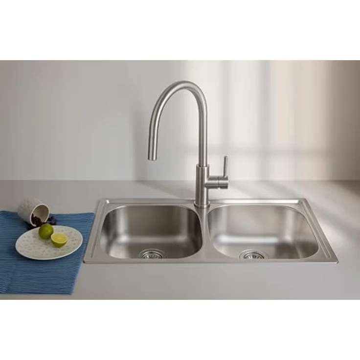 Kuchinox Edelstahl Doppelspülbecken 78x43 cm, 2-Kammer mit Mischbatterie, Siphon und Zubehör, schwenkbarer Auslauf, Silber – Bild 4