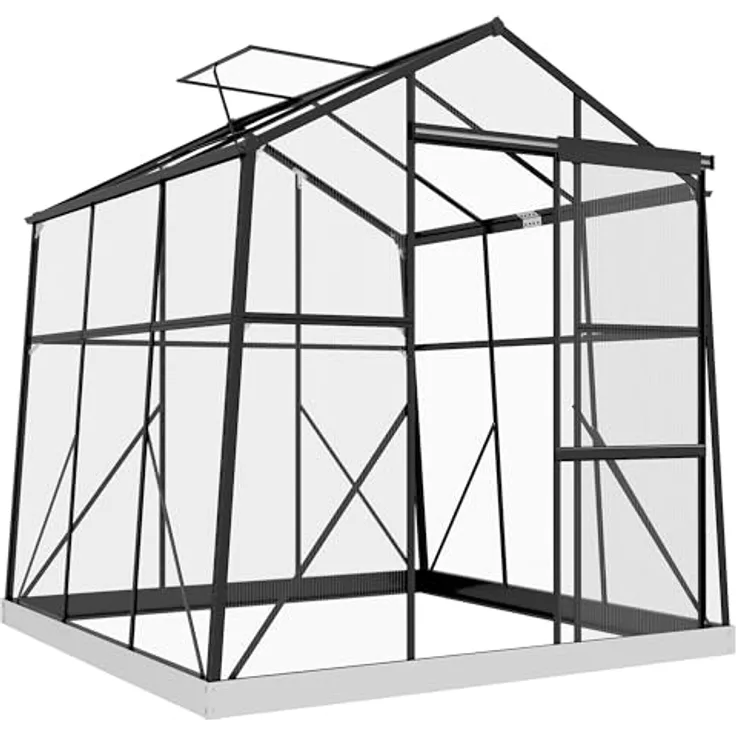 Outsunny Gewächshaus Aluminium 192 x 192 x 204 cm Treibhaus 3,68 m² Tomatenhaus mit Fenster, Schiebetür, Fundament, Aufzucht Pflanzenhaus für Garten, Balkon, Schwarz