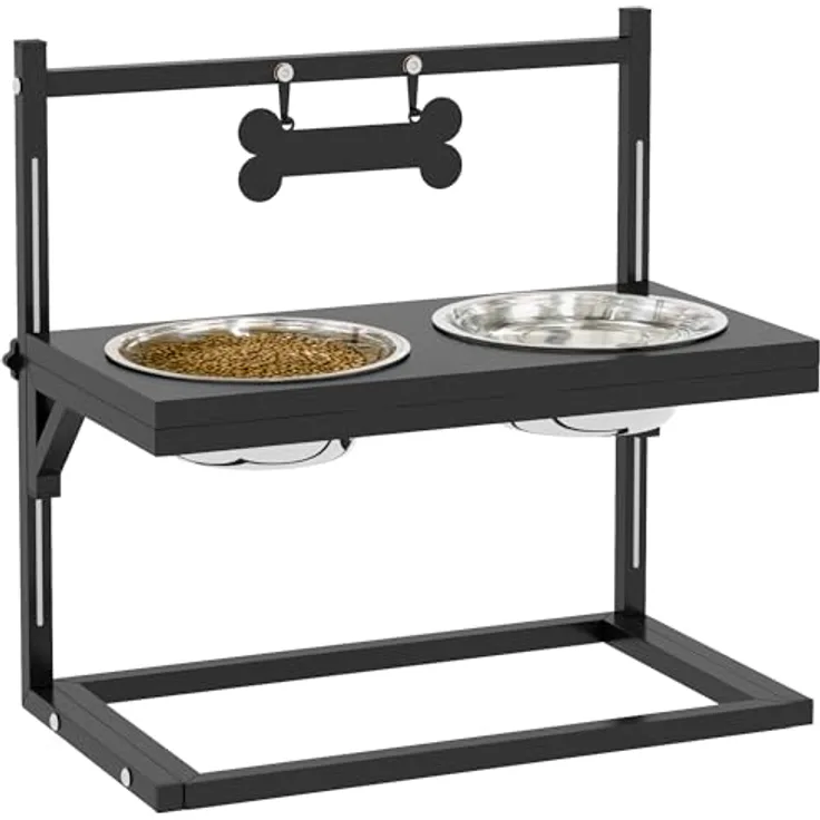 PawHut Erhöhtes Futterstation mit 0,9L Futterschale, Verstellbarer Hundenapf aus Edelstahl, Futternapf mit Futterständer, knochenförmiger Metallplatte, für alle Hundegrößen, Schwarz