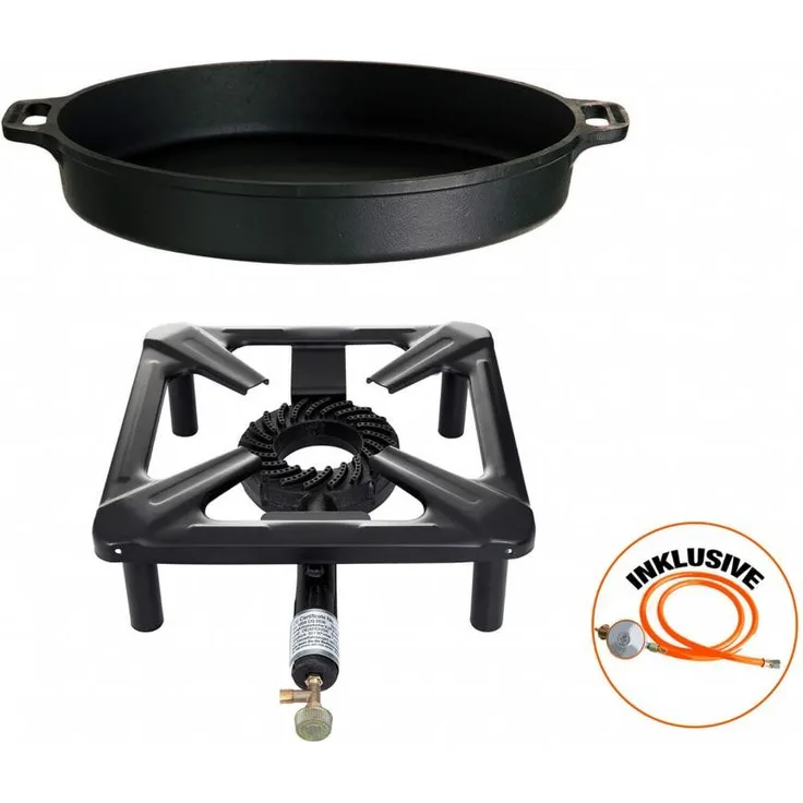 Paella World International Gasgrill Hockerkocher (klein) ohne Zündsicherung, 30 x 30 x 14 cm, inkl. Gasschlauch & Regler, Set mit wählbarem Zubehör