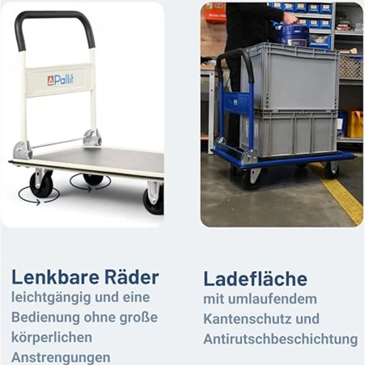 Pallit Schiebebügelwagen CARRY, Transportwagen mit 150kg Tragkraft, lenkbaren Rollen und Antirutschbeschichtung – Bild 4