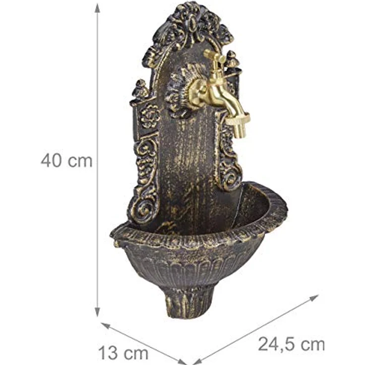 relaxdays Gartenbrunnen Wandbrunnen antik, bronze, dekorativer Aluguss mit Wasserzapfstelle für Garten und Terrasse, Maße 40 x 24,5 x 13 cm – Bild 4