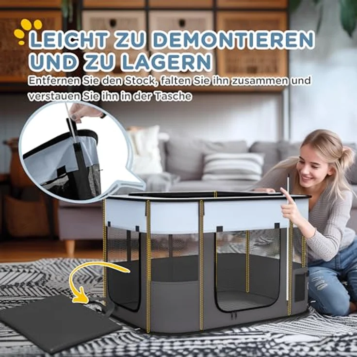 PawHut Welpenauslauf, faltbarer Welpenlaufstall mit Türen und Fenstern, atmungsaktives Netz, für kleine Hunde unter 10 kg, Indoor und Outdoor, 94 x 74 x 60 cm, Grau – Bild 5
