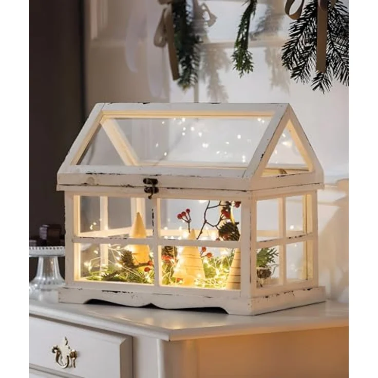 Dekoleidenschaft Mini-Gewächshaus "Shabby", 37x21x31 cm, Weiß lackiertes Holz, Terrarium, Treibhaus, Miniglashaus – Bild 3